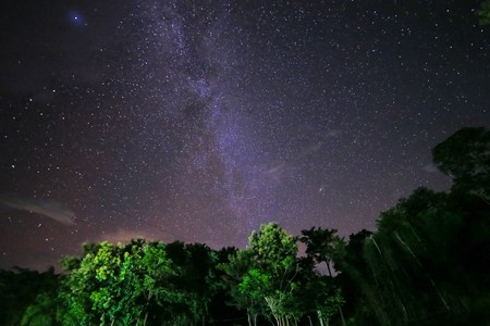 Wide field long exposure photo of the milky way