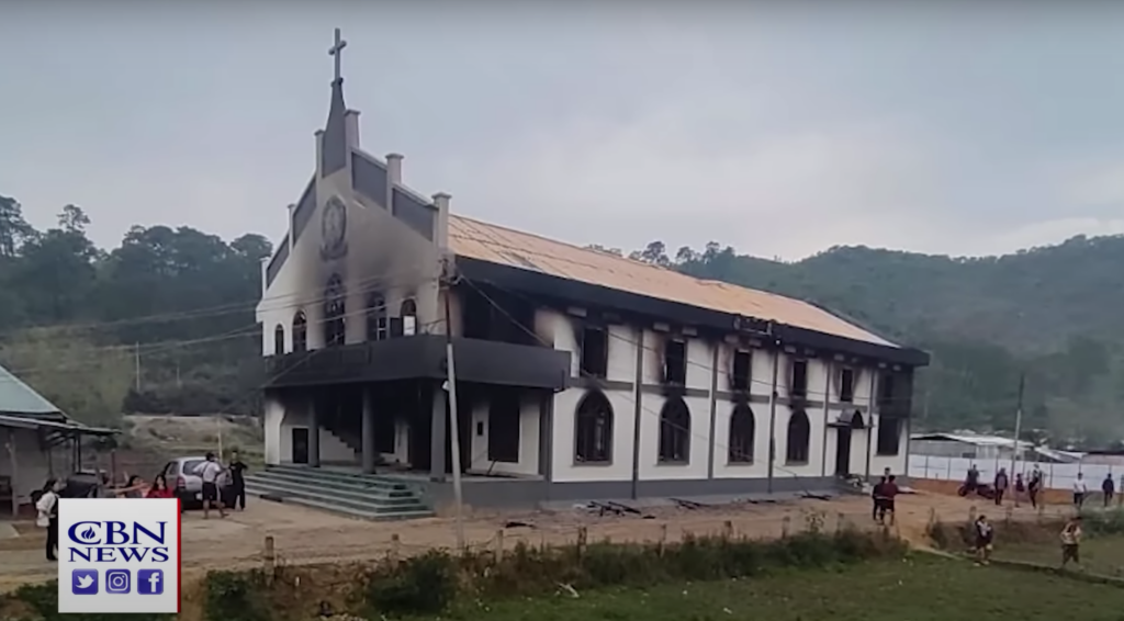 burned out church building in Manipur India