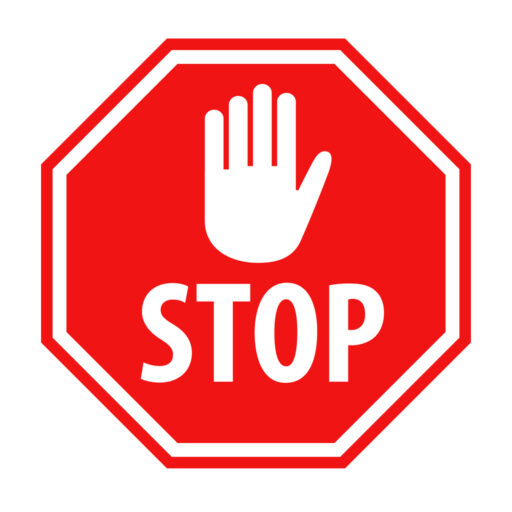 Red stop sign with hand signal and the word stop in all capital letters.